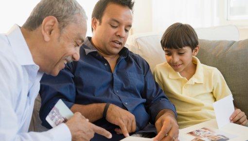 Foto von Großvater, Sohn und Enkel mit Fotoalbum auf einem Sofa