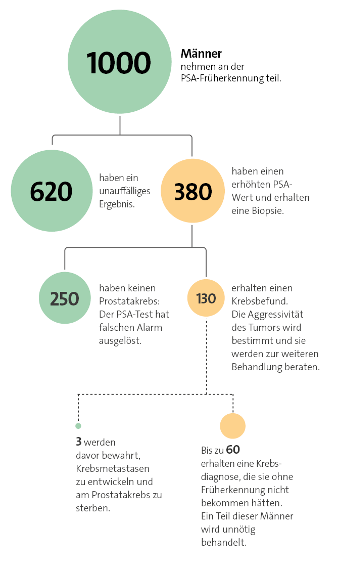 Das Flussdiagramm zeigt auf einen Blick, was geschieht, wenn 1000 Männer 16 Jahre lang an der PSA-Früherkennung teilnehmen.