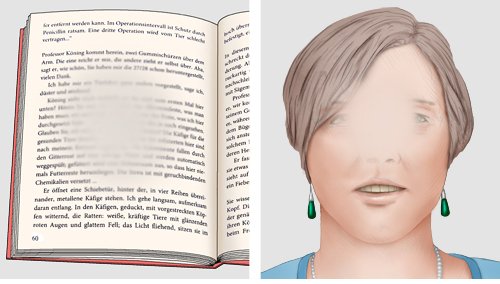 Grafik: Typischer Sehverlust bei fortgeschrittener AMD Dinge, auf die man gezielt blickt, verschwimmen, links: Buchseite, rechts: Gesicht