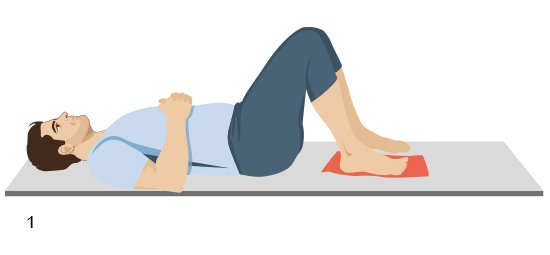 Grafik: Übung Gleiter, Schritt 1: Rückenlage, beide Beine anwinkeln und Füße aufgestellt lassen