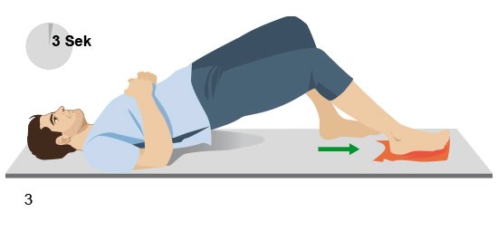 Grafik: Übung Gleiter, Schritt 3: Ferse des verletzten Beins vom Po wegschieben, bis das Bein fast gestreckt ist