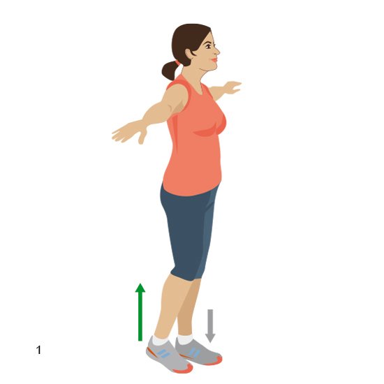 Grafik: Übung Flieger, Schritt 1: Arme seitwärts anheben, Gewicht aufs verletzte Bein verlagern