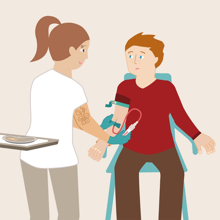 Die Grafik zeigt eine Fach-Kraft, die bei der Blutabnahme das Blut eines Patienten in ein Röhrchen fließen lässt.